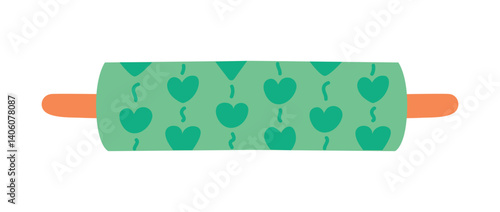 Patterned Rolling Pin with Hearts. Isolated textured kitchen Utensil for Cooking sweets. Green color. Baker or confectioner Elements for food preparation. Culinary Flat design. Vector illustration.
