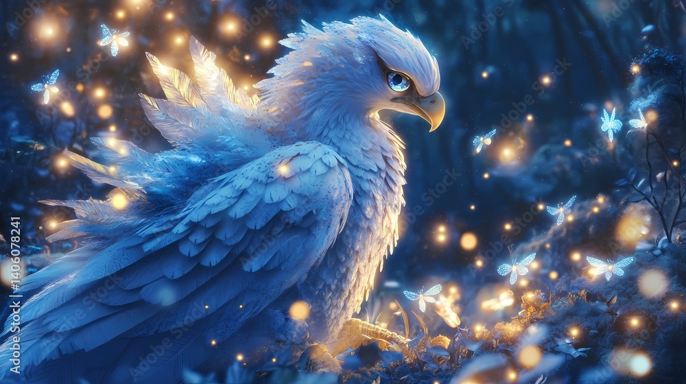 Obraz premium Majestic blue eagle with glowing feathers surrounded by mystical butterflies in an enchanted forest setting.