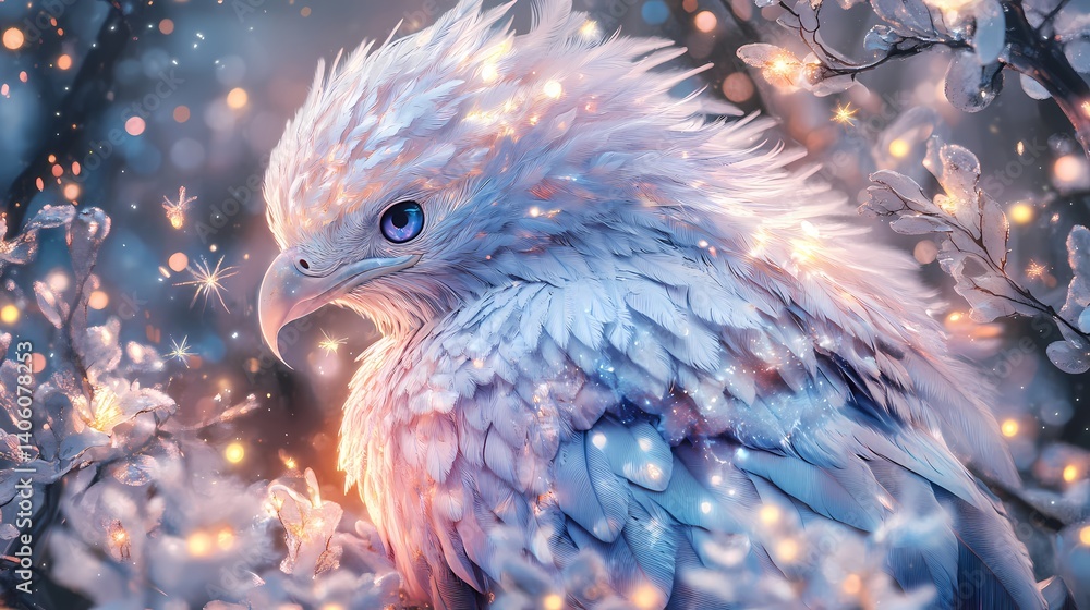 Obraz premium Mystical eagle with shimmering plumage amidst glowing blossoms, ethereal atmosphere, captivating fantasy art.
