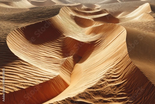 Fototapeta Naklejka Na Ścianę i Meble -  A captivating close-up of rolling sand dunes in the desert under bright sunlight, showcasing the texture and patterns of the sand, creating a mesmerizing natural landscape.