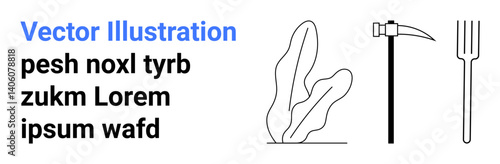 Hand hoe, pitchfork, abstract plant sketch, and placeholder text in clean, minimalist style. Ideal for agriculture, gardening, nature concepts, eco-friendly themes minimalist branding farm tools