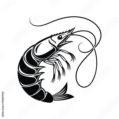 vector silhouette of curled shrimp with tail