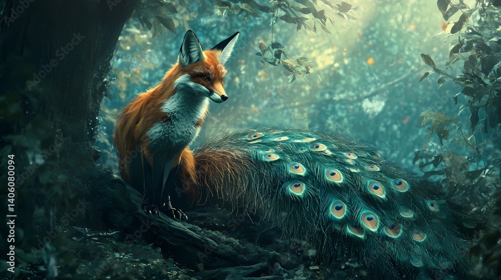 Naklejka premium Enchanted forest fox peacock tail fantasy scene vibrant foliage ethereal atmosphere mysterious wildlife fusion