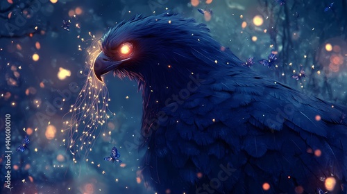 Mystical eagle glowing eyes surrounded by butterflies and sparkles, night forest ambiance, enchanting and magical theme.