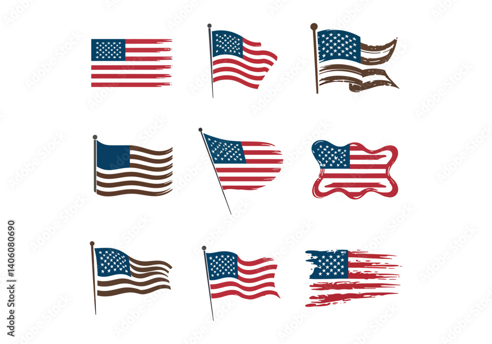 Set of various American flags in different designs and styles Set of various American flags in different designs and styles