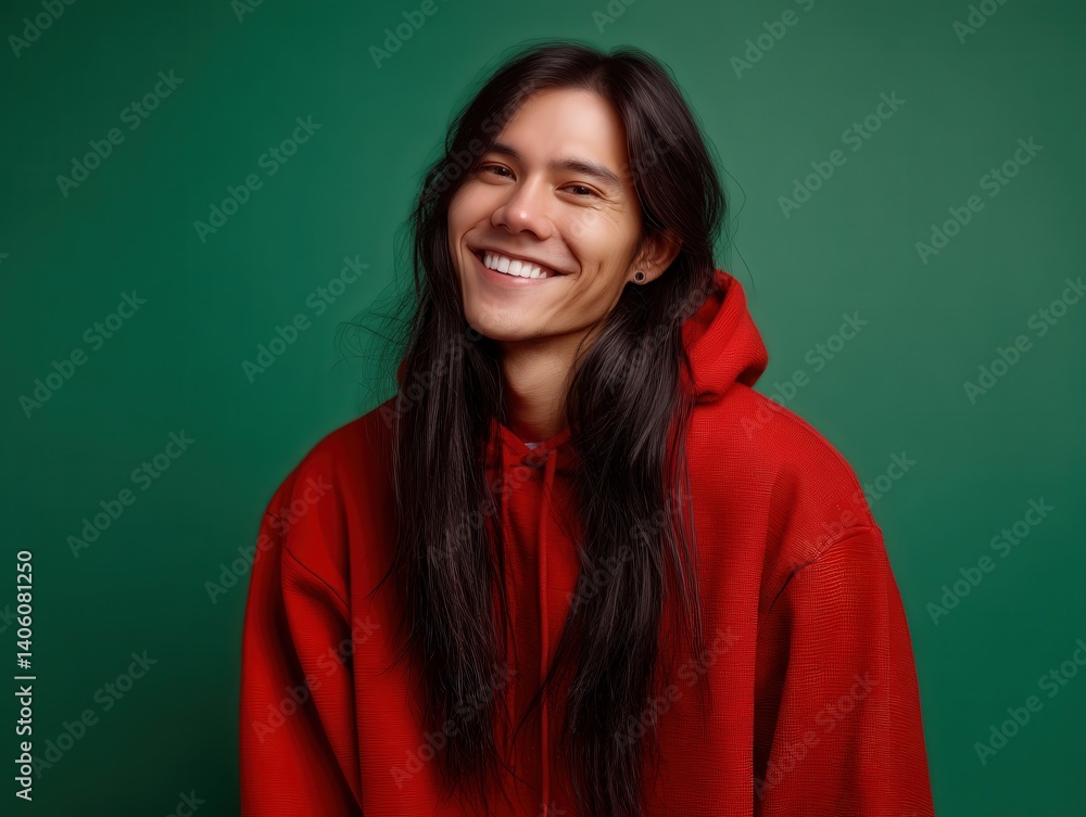 Fototapeta premium Smiling person with long dark hair in a vibrant red hoodie against a solid color background. Their relaxed pose and genuine smile create a warm and welcoming atmosphere