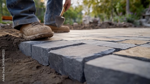 Mason laying stone for an outdoor patio construction. Featuring stone installation and landscaping