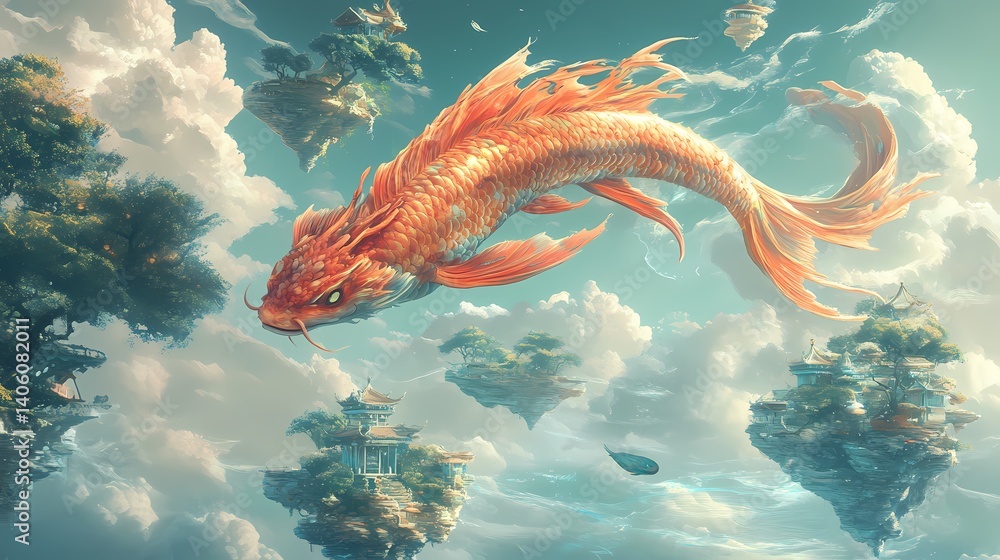 Majestic orange koi soaring amidst floating islands and fluffy clouds in a serene fantasy sky. Majestic orange koi soaring amidst floating islands and fluffy clouds in a serene fantasy sky.