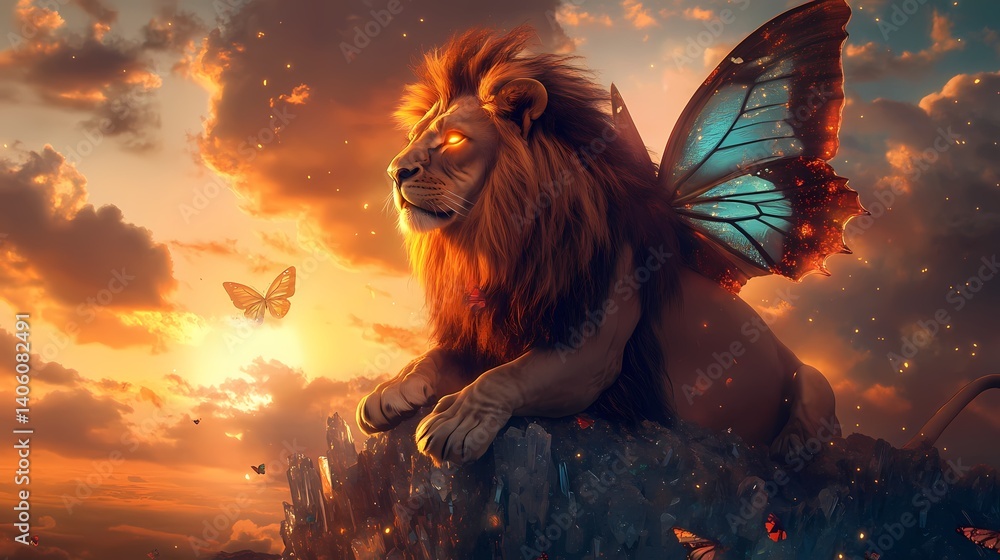 Lion with butterfly wings on a rocky cliff at sunset, glowing eyes, vibrant colors, ethereal and mystical atmosphere Lion with butterfly wings on a rocky cliff at sunset, glowing eyes, vibrant colors, ethereal and mystical atmosphere