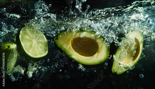 The splashing of avocado and lime slices in water showcases freshness and vibrant green colors