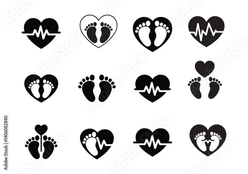 Set of heart, foot, and heartbeat icons in black and white