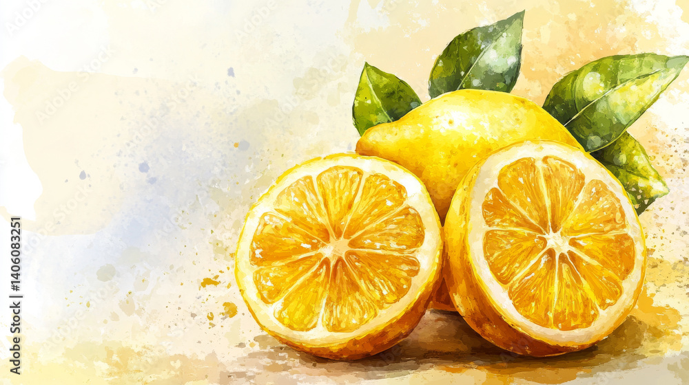 Fresh lemons and leaves in watercolor illustration evoking natural vibes and citrus freshness, copy space