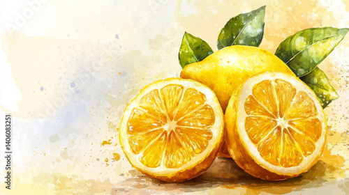 Fresh lemons and leaves in watercolor illustration evoking natural vibes and citrus freshness, copy space