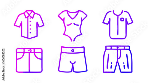 "Minimalist fashion icon collection with editable strokes: clothing pieces like button-up shirts, summer dresses, loafers, ties, and briefs — pixel-perfect vector illustrations for web and mobile fash