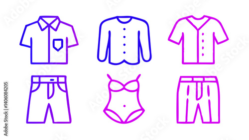 "Minimalist fashion icon collection with editable strokes: clothing pieces like button-up shirts, summer dresses, loafers, ties, and briefs — pixel-perfect vector illustrations for web and mobile fash