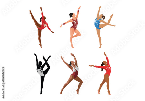 Set of gymnast illustrations in various poses and leotards