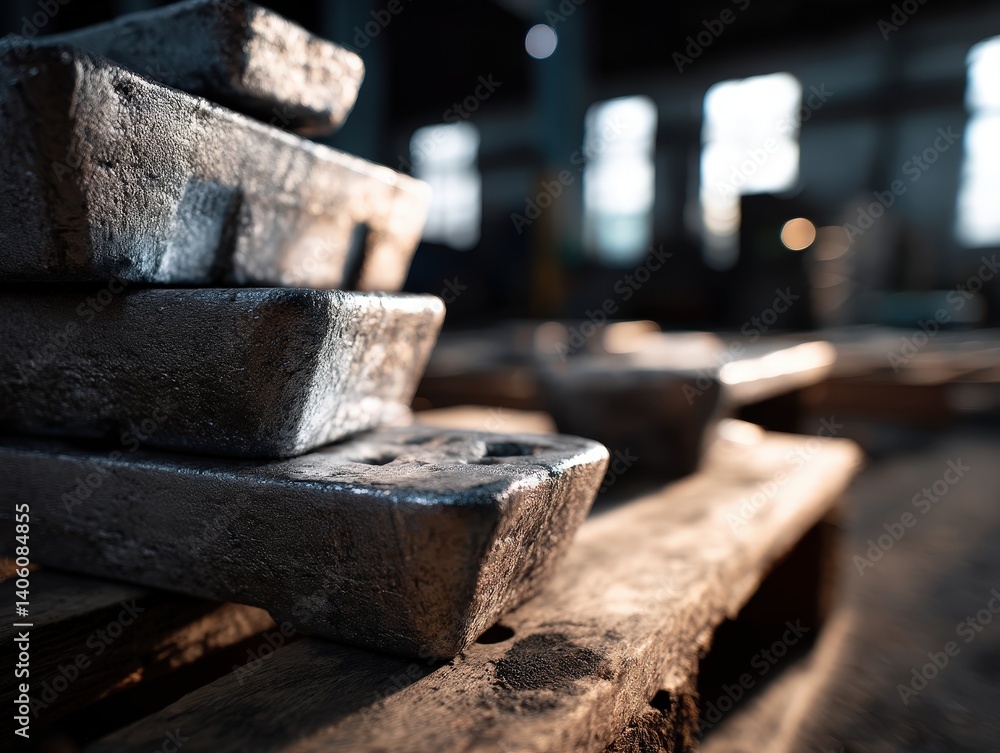 Rough metal ingots stacked on a wooden pallet, illuminated by soft light in an industrial setting. The image has a shallow depth of field, creating a blurry background effect Rough metal ingots stacked on a wooden pallet, illuminated by soft light in an industrial setting. The image has a shallow depth of field, creating a blurry background effect