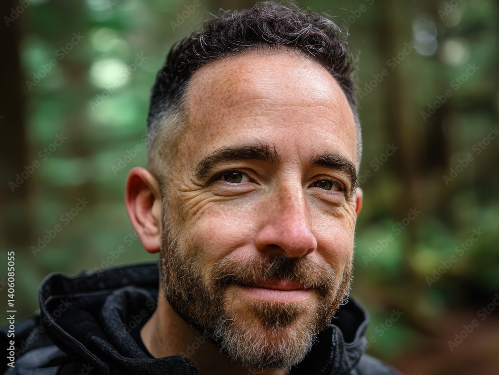 Smiling man with short hair, beard, and dark jacket, outdoors with blurred greenery. Light highlights his features, focusing on his expressive eyes and friendly demeanor. No text present Smiling man with short hair, beard, and dark jacket, outdoors with blurred greenery. Light highlights his features, focusing on his expressive eyes and friendly demeanor. No text present