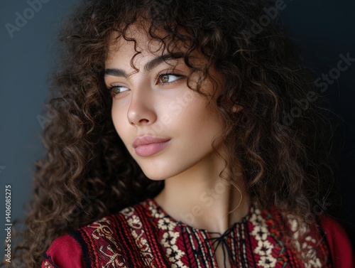 Curly-haired woman gazes ri...