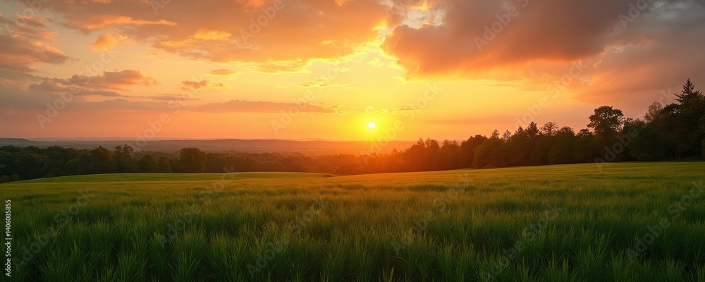 Obraz premium Panoramic photo field under orange setting sun in autumn with dramatic sky background. Green grass meadow with trees. Natural season landscape, golden sunlight scenic view.