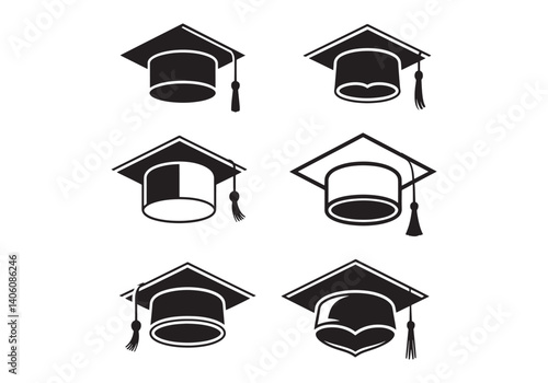 : Set of graduation caps in different styles and angles