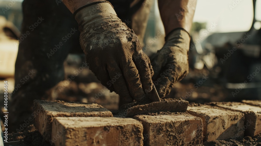 Mason working on a brick wall at a building site. Featuring masonry and construction work Mason working on a brick wall at a building site. Featuring masonry and construction work