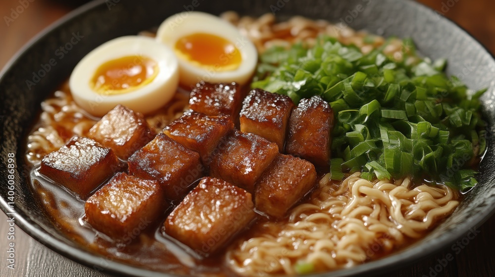 Delicious Bowl of Noodles with Tofu SoftBoiled Eggs and Fresh Green Onions Perfect for Cul Delicious Bowl of Noodles with Tofu SoftBoiled Eggs and Fresh Green Onions Perfect for Cul