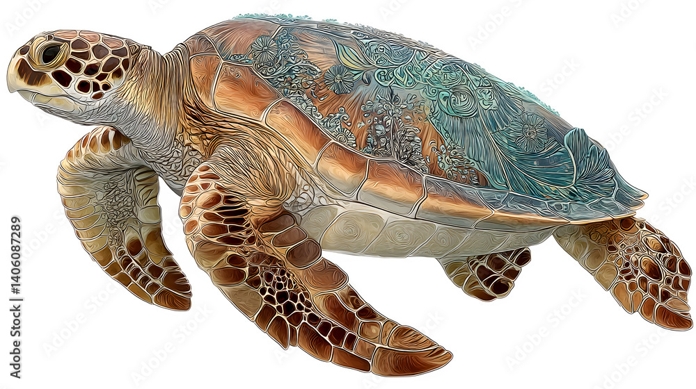 Obraz premium Large turtle with detailed shell artwork on a transparent background --ar 16:9 --v 7.0