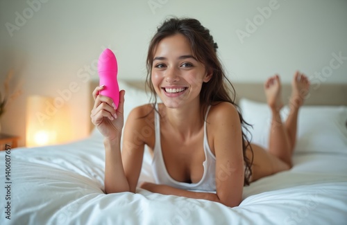 Happy woman holding pink vibrator smiling on bed. Sexual health, pleasure concept. Beautiful girl relaxing in white underwear at home enjoying sex toy. Intimate, sensual, adult content.