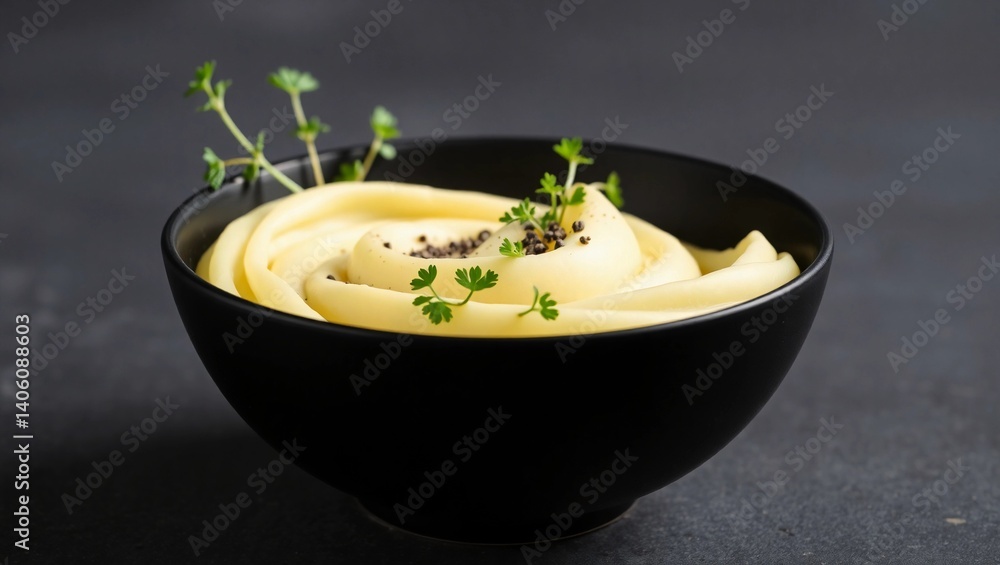 silky texture modern bowl mashed potatoes creamy mashed potatoes comfort food cracked pepper gourmet food culinary presentation microgreens contemporary style
