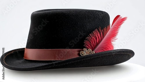Elegant black hat with a red feather and decorative band, placed on a white surface