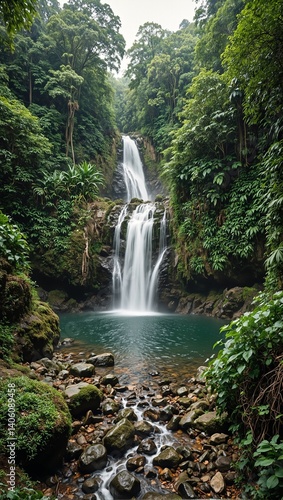 Serene waterfall cascading into lush green pool amidst moss covered rocks and tropical foliage