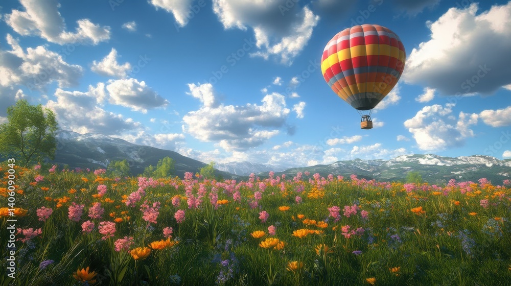 Fototapeta premium Colorful hot air balloon soaring above flowered field under sky