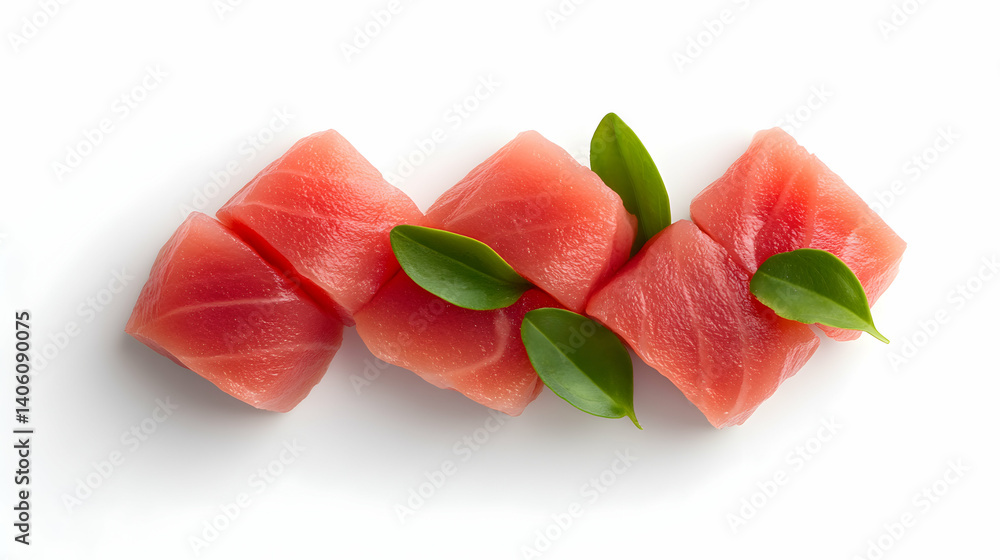 Raw Tuna Sashimi Cubes with Fresh Herbs on White Background Raw Tuna Sashimi Cubes with Fresh Herbs on White Background