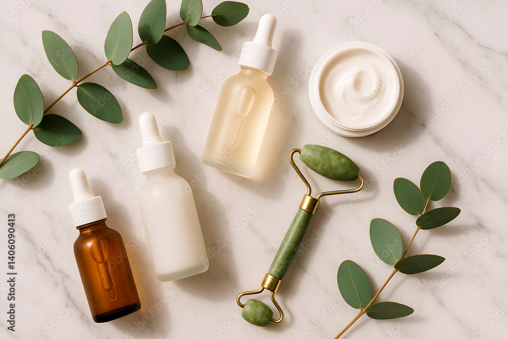 Skincare Products with Jade Roller and Eucalyptus Skincare Products with Jade Roller and Eucalyptus