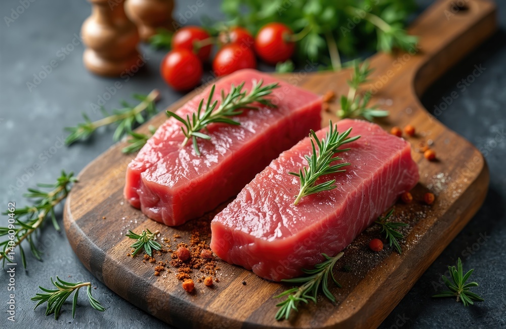 Fresh raw tuna steaks with rosemary, spices on wooden cutting board. Premium seafood restaurant dish, cooking culinary concept. Fish fillet, meat for barbecue or grill. Healthy food. Fresh raw tuna steaks with rosemary, spices on wooden cutting board. Premium seafood restaurant dish, cooking culinary concept. Fish fillet, meat for barbecue or grill. Healthy food.