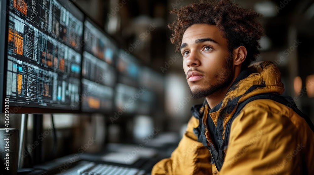 Young Man Contemplating Data on Multiple Monitors