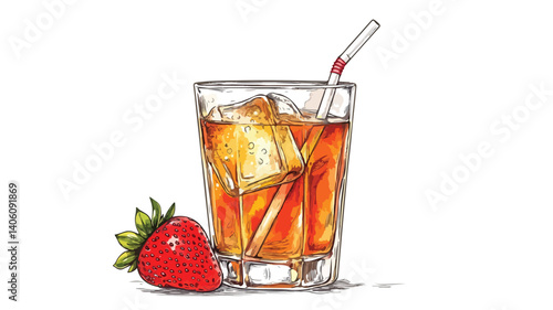 Refreshing hand-drawn illustration of iced tea cup with a straw