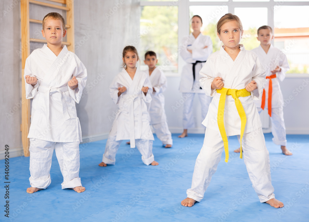 Group of little children in kimono trying new martial moves at karate class Group of little children in kimono trying new martial moves at karate class