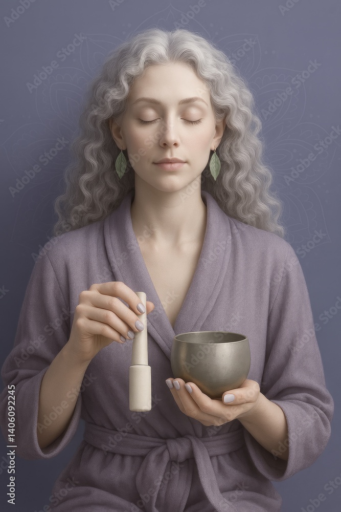 Serene Meditation Coach Holding Singing Bowl in Lavender Robe Serene Meditation Coach Holding Singing Bowl in Lavender Robe