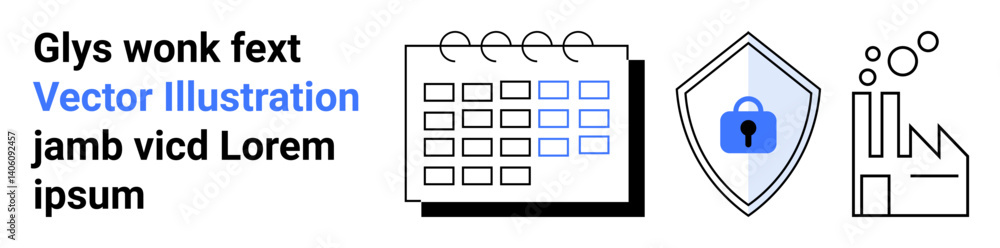 Calendar for scheduling, shield with lock for security, and bar graph for data analysis, growth. Ideal for planning tools, cybersecurity, statistics, industrial growth, business safety graphs flat Calendar for scheduling, shield with lock for security, and bar graph for data analysis, growth. Ideal for planning tools, cybersecurity, statistics, industrial growth, business safety graphs flat