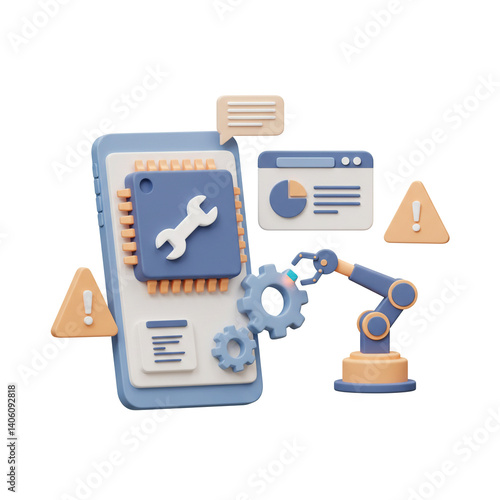 3D Illustration Automated Mobile App Development and Maintenance with Warning Signs Illustration