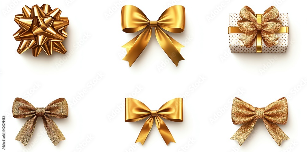 A set of six realistic golden bows and a gift box perfect for holiday cards, invitations, or gift wrap designs. Use these festive images for your next project. A set of six realistic golden bows and a gift box perfect for holiday cards, invitations, or gift wrap designs. Use these festive images for your next project.