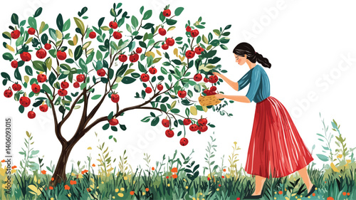 Woman Picking Berries from Tree Painting