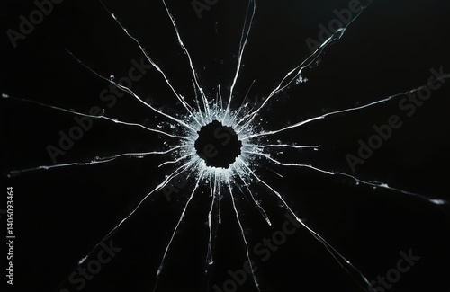 Black background glass texture with a hole from impact. Radial cracks shatter, break the surface. Detailed shot with sharp fractures. Crime scene or accident.