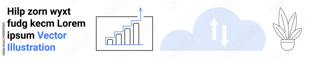 Bar chart with upward growth, cloud sync icon with arrows, and potted plant symbolizing innovation, technology, and environment. Ideal for business, technology, eco-friendly trends, and flat landing Bar chart with upward growth, cloud sync icon with arrows, and potted plant symbolizing innovation, technology, and environment. Ideal for business, technology, eco-friendly trends, and flat landing