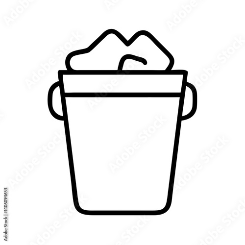 Minimalist black line icon of ice bucket filled with ice cubes, isolated on white background, vector bar or party accessory in outline style