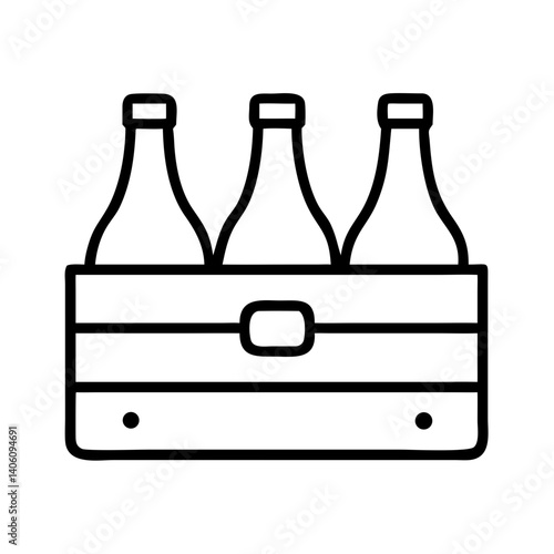 Minimalist black line icon of wooden beer crate with three bottles, isolated on white background, vector illustration of bar storage container
