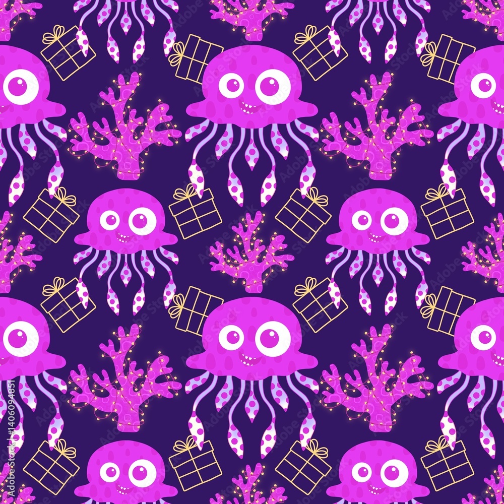 Fototapeta premium Summer ocean animals seamless jelly fish pattern for wrapping paper and fabrics and linens and kids clothes