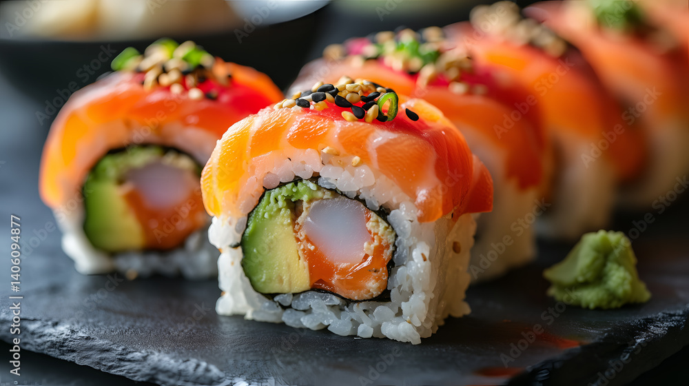 Delicious Salmon Sushi Roll: A delectable close-up shot of a beautifully arranged salmon sushi roll, featuring vibrant orange salmon, creamy avocado, and succulent shrimp, garnished with sesame seeds. Delicious Salmon Sushi Roll: A delectable close-up shot of a beautifully arranged salmon sushi roll, featuring vibrant orange salmon, creamy avocado, and succulent shrimp, garnished with sesame seeds.